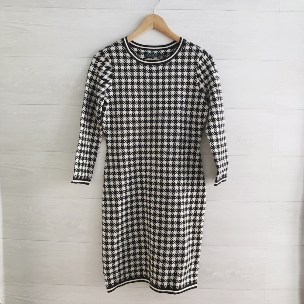 Lauren Ralph Lauren Black Ivory Houndstooth Knit Dress Classic Career Midi large